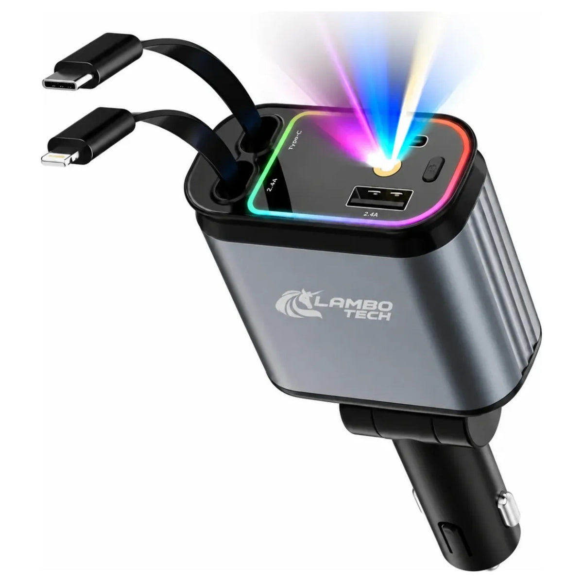Cargador Auto Retractil 4 En 1 Tipo C Y Lightning Luz Rgb