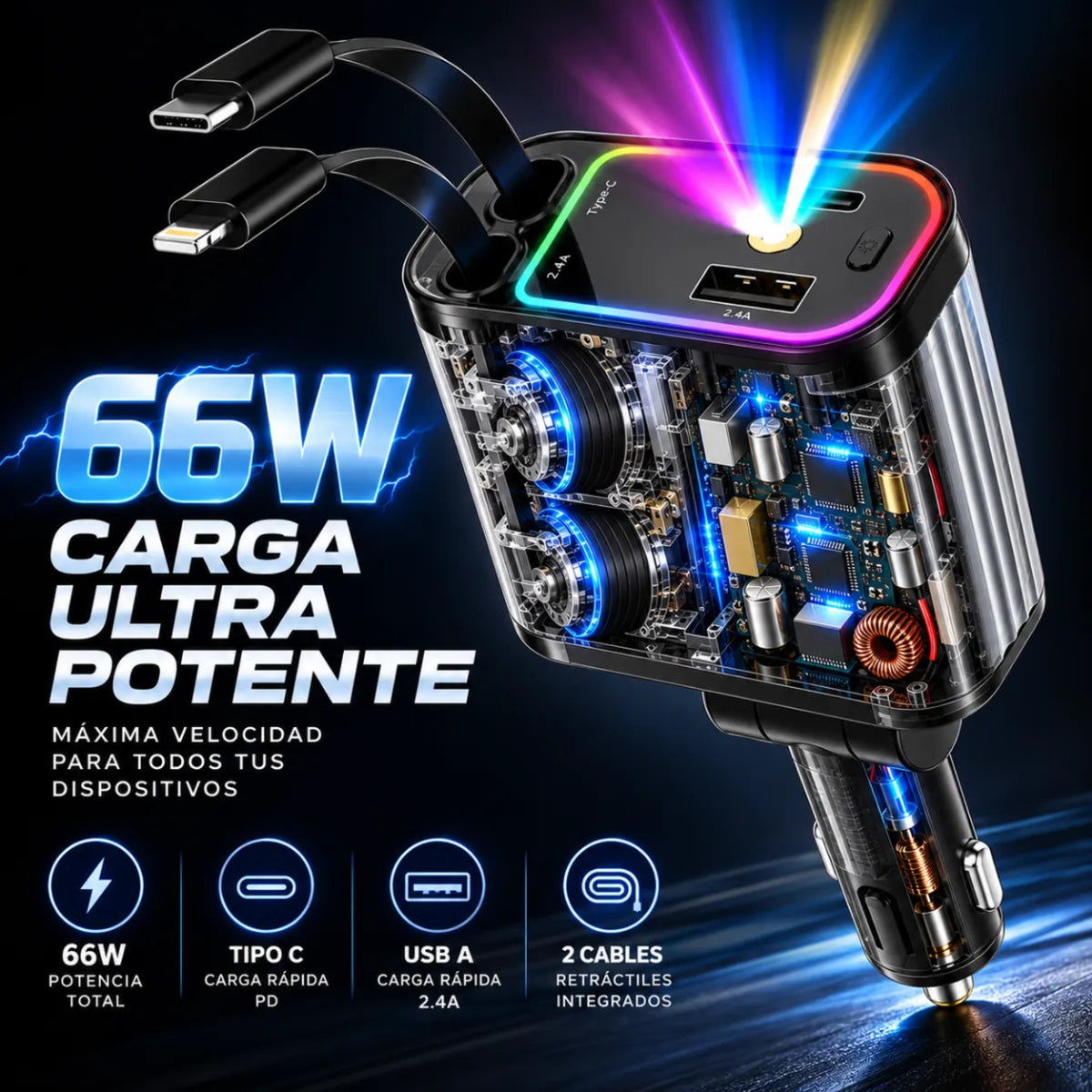 Cargador Auto Retractil 4 En 1 Tipo C Y Lightning Luz Rgb
