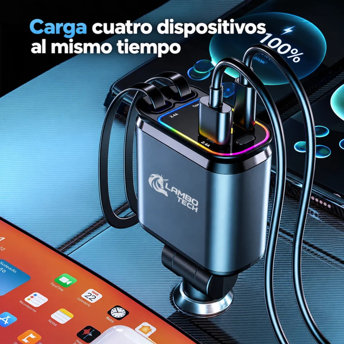 Cargador Auto Retractil 4 En 1 Tipo C Y Lightning Luz Rgb