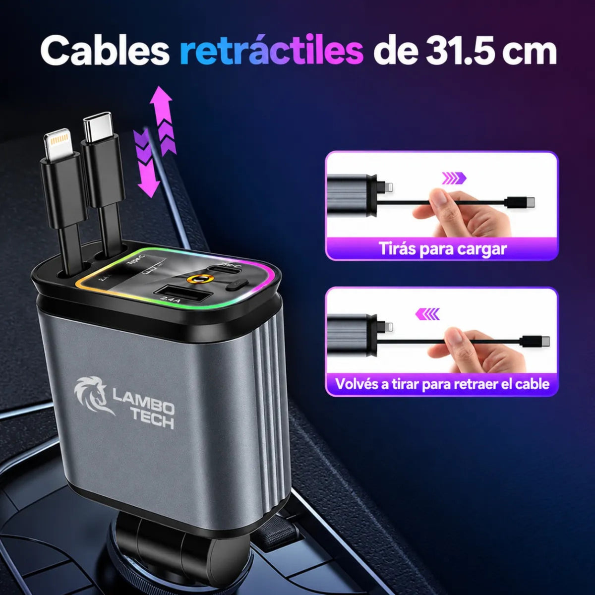 Cargador Auto Retractil 4 En 1 Tipo C Y Lightning Luz Rgb
