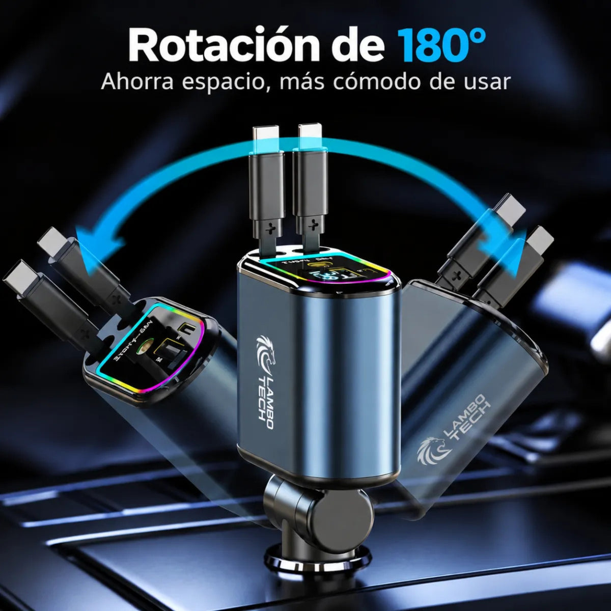 Cargador Auto Retractil 4 En 1 Tipo C Y Lightning Luz Rgb